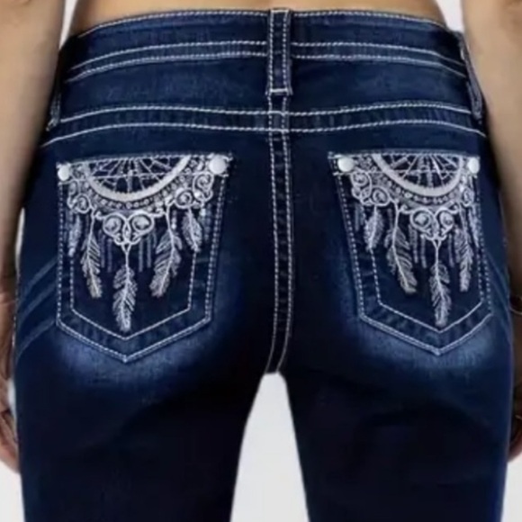 New! Long Length Dark Blue Embroidered Skinny Flared Jeans - Picture 11 of 11